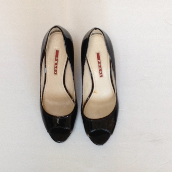 Prada Peep Toe Patent Leather Cork Wedge Pump - Picture 2 of 8